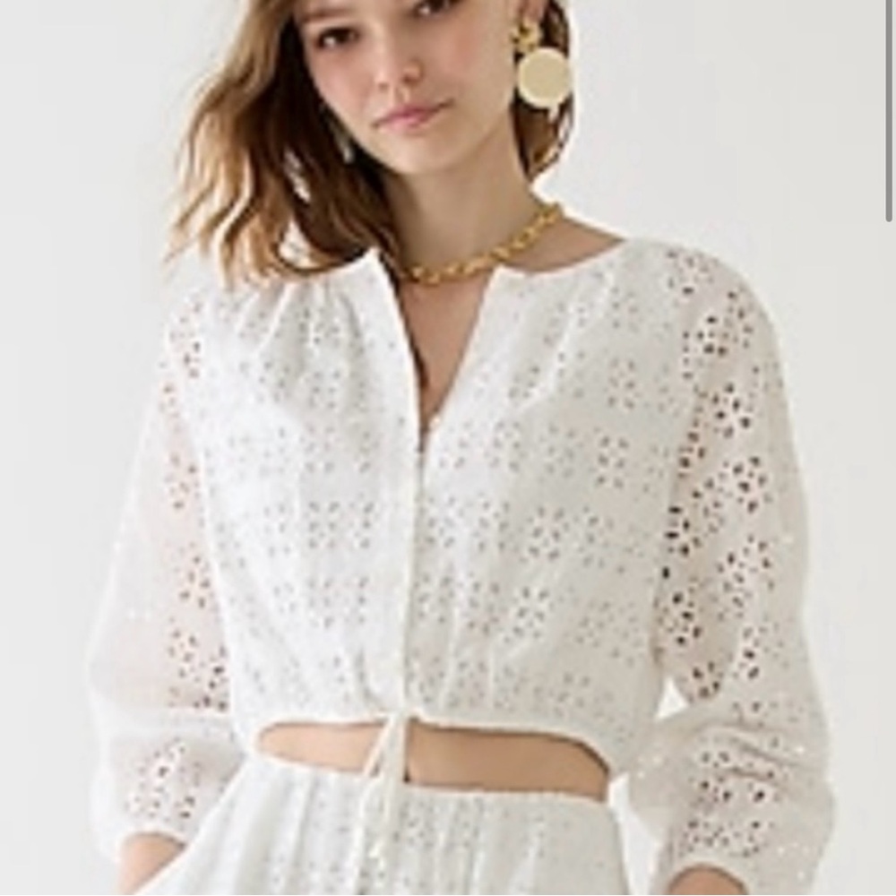 J. Crew White Eyelet Cropped Blouse